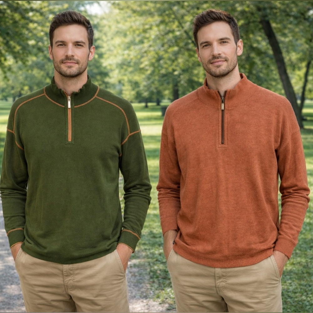 TOMMY BAHAMA REVERSIBLE ORANGE OR GREEN HALF ZIP PULLOVER SWEATER EUC SZ L